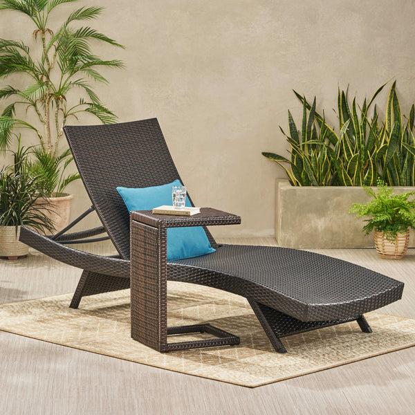 Gdf Studio Modern Multi-Brown Wicker Chaise Lounge Set With C-Shaped End Table