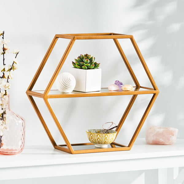 Gdf Studio Mohaven Modern Glam Handcrafted Glass 2 Shelf Hexagonal Decorative Shelf Antique Gold