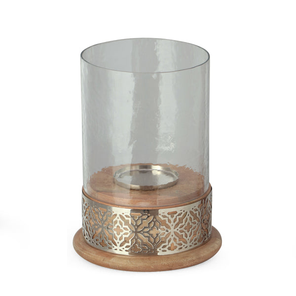 gdf studio Mondell Boho Handcrafted Mango Wood Hurricane Candle Holder Natural and Nickel