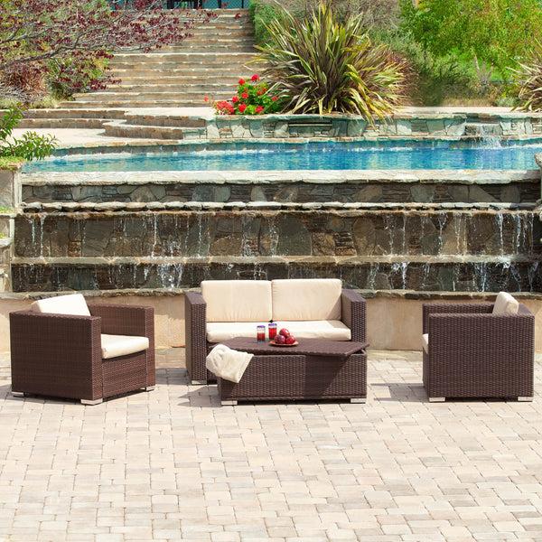 Gdf Studio Montague Outdoor 4-Piece Brown Wicker Sofa Set With Storage Ottoman Table