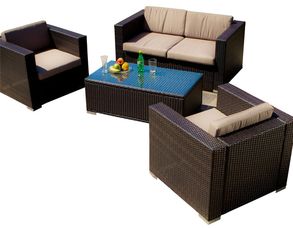 gdf studio Montague Outdoor 4-Piece Brown Wicker Sofa Set with Storage Ottoman Table
