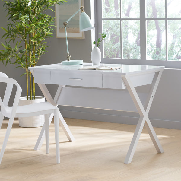 Gdf Studio Monte Farmhouse Matte White Faux Wood Office Desk With Drawer