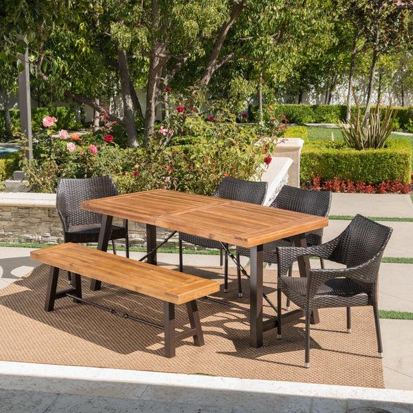 Gdf Studio Montenegro Outdoor 6 Piece Teak Finished Acacia Wood Dining Set With Stacking Chairs