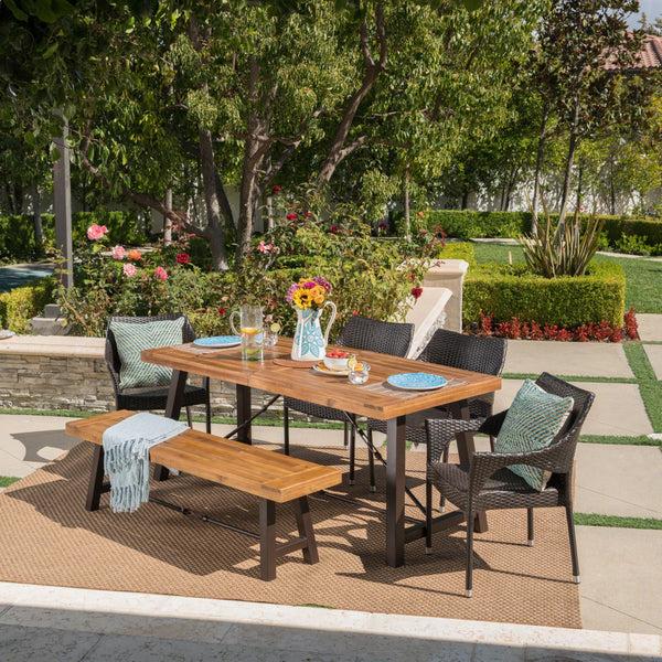 Gdf Studio Montenegro Outdoor 6 Piece Teak Finished Acacia Wood Dining Set With Stacking Chairs