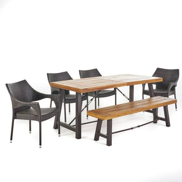 gdf studio Montenegro Outdoor 6 Piece Teak Finished Acacia Wood Dining Set with Stacking Chairs
