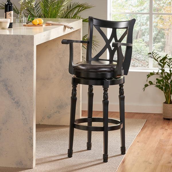 Gdf Studio Montreal Farmhouse Black Bonded Leather Swivel Barstool With Arms
