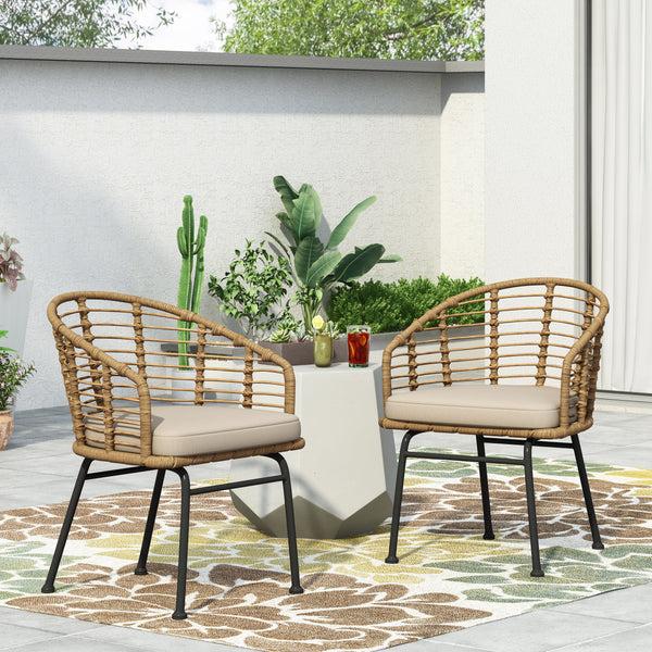 Gdf Studio Monture Outdoor Wicker Chair With Water Resistant Cushion Set Of 2 Light Brown And Beige