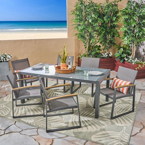 Gdf Studio Moore Outdoor 7-Piece Aluminum Dining Set With Glass Table Top
