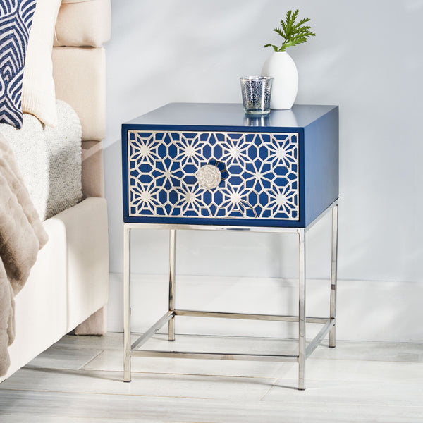 Gdf Studio Morella Modern Glam Handcrafted Moroccan Mesh Nightstand Navy Blue And Nickel