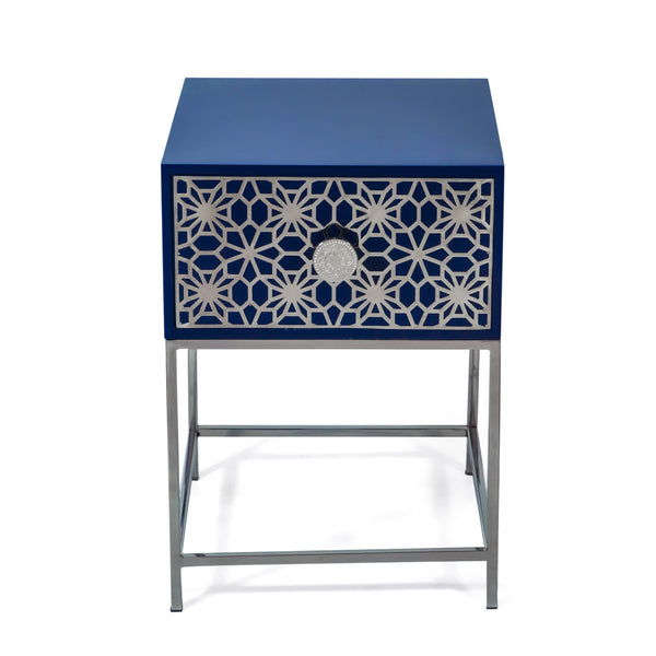 gdf studio Morella Modern Glam Handcrafted Moroccan Mesh Nightstand Navy Blue and Nickel
