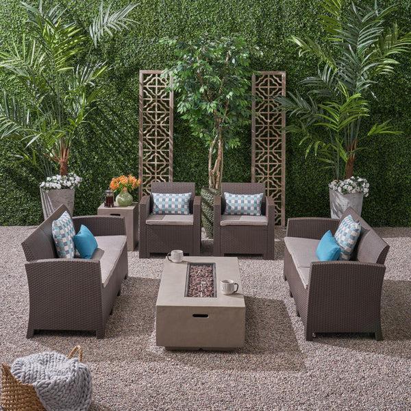 Gdf Studio Morena Outdoor 8-Seater Wicker Print Chat Set With Fire Pit And Tank Holder