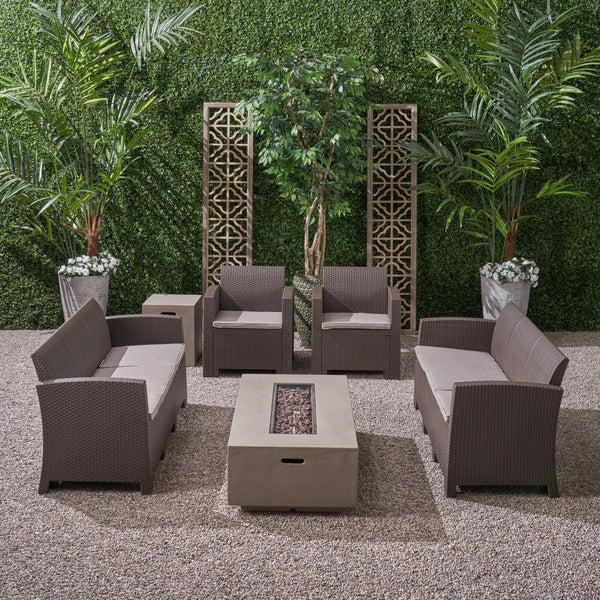 Gdf Studio Morena Outdoor 8-Seater Wicker Print Chat Set With Fire Pit And Tank Holder