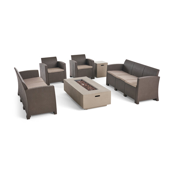 gdf studio Morena Outdoor 8-Seater Wicker Print Chat Set with Fire Pit and Tank Holder
