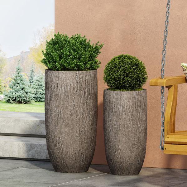 Gdf Studio Moreno Outdoor Medium And Large Cast Stone Planter Set Brown Wood
