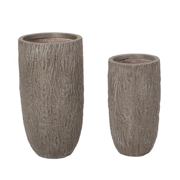 gdf studio Moreno Outdoor Medium and Large Cast Stone Planter Set Brown Wood