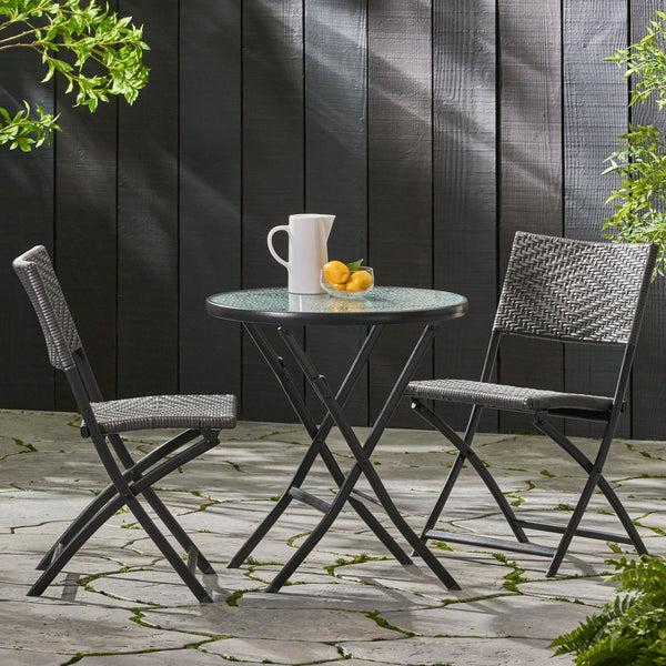 Gdf Studio Moreton Outdoor 3-Piece Gray Wicker Folding Bistro Set With Aquatex Glass Top