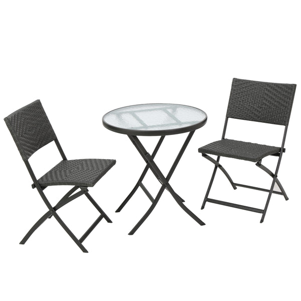 gdf studio Moreton Outdoor 3-Piece Gray Wicker Folding Bistro Set With Aquatex Glass Top