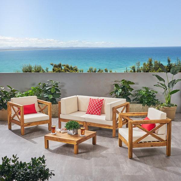 Gdf Studio Morgan Outdoor 4 Seater Acacia Wood Loveseat Chat Set