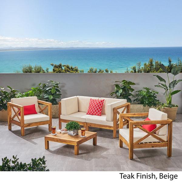 Gdf Studio Morgan Outdoor 4 Seater Acacia Wood Loveseat Chat Set