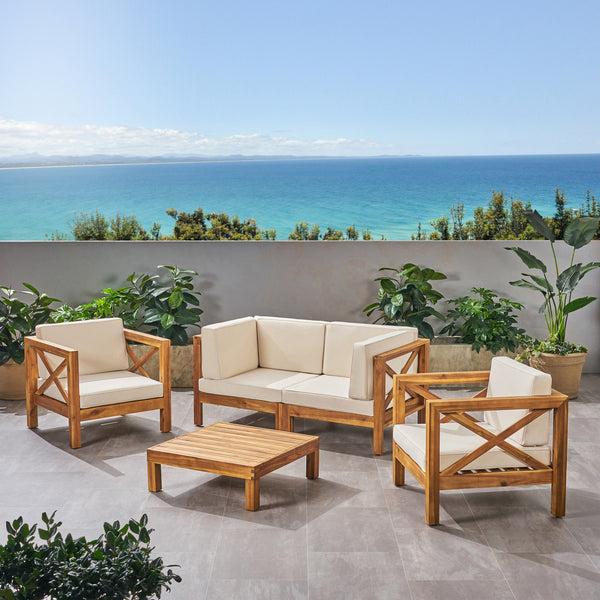 Gdf Studio Morgan Outdoor 4 Seater Acacia Wood Loveseat Chat Set