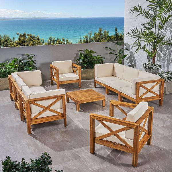 Gdf Studio Morgan Outdoor 8 Seater Acacia Wood Sofa And Club Chair Set