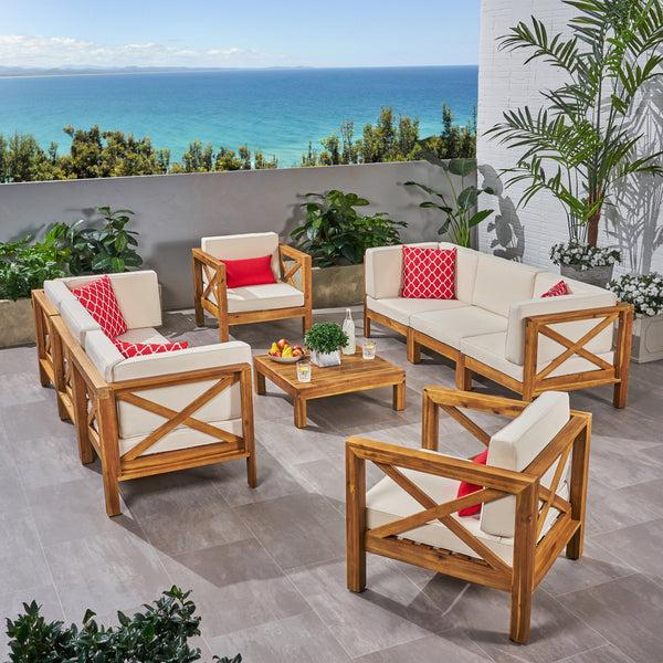 Gdf Studio Morgan Outdoor 8 Seater Acacia Wood Sofa And Club Chair Set