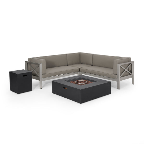 Gdf Studio Morocco Vista Outdoor Modern 5 Seater V-Shaped Sectional Sofa Set With Fire Pit And Tank Holder