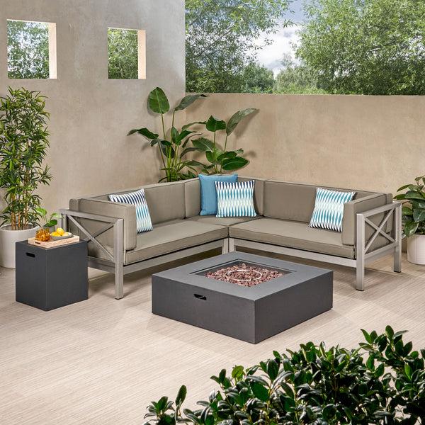 gdf studio Morocco Vista Outdoor Modern 5 Seater V-Shaped Sectional Sofa Set with Fire Pit and Tank Holder