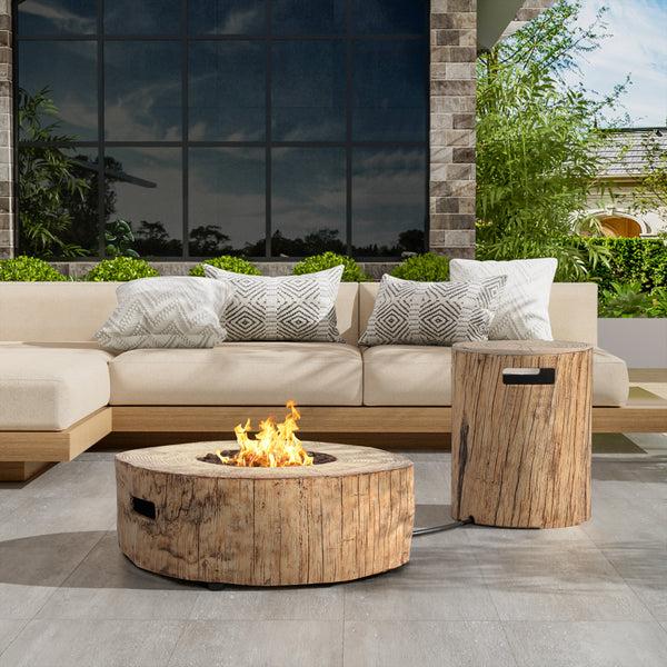 Gdf Studio Morvyn Outdoor Fire Pit & Side Table Set Brown