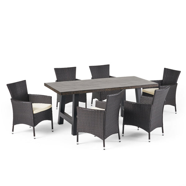 gdf studio Muriel Outdoor 7 Piece Wicker Dining Set with Light Weight Concrete Dining Table
