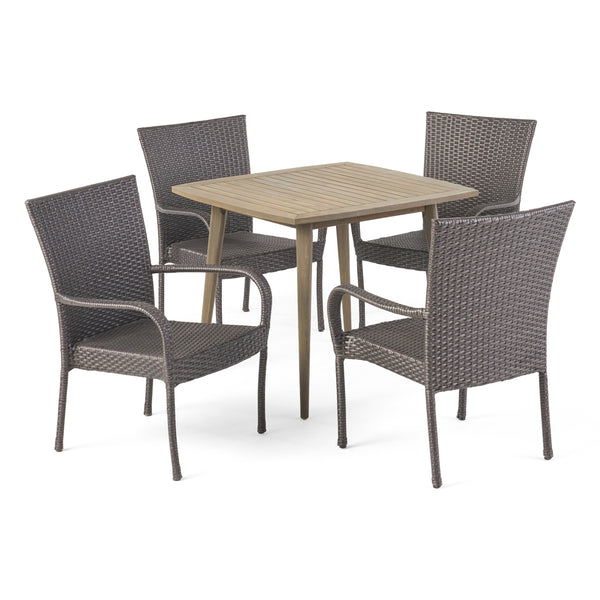 Gdf Studio Murphy Outdoor 5 Piece Wood And Wicker Dining Set Gray And Gray
