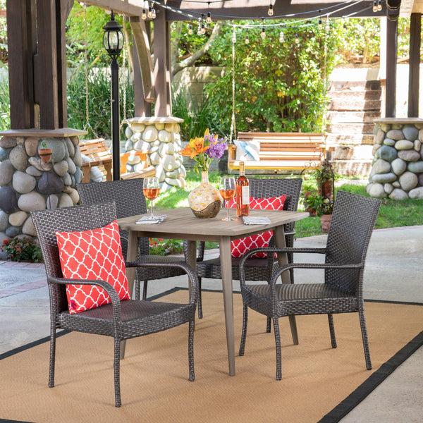 gdf studio Murphy Outdoor 5 Piece Wood and Wicker Dining Set Gray and Gray