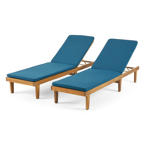 gdf studio Nadine Outdoor Modern Acacia Wood Chaise Lounge with Cushion (Set of 2)