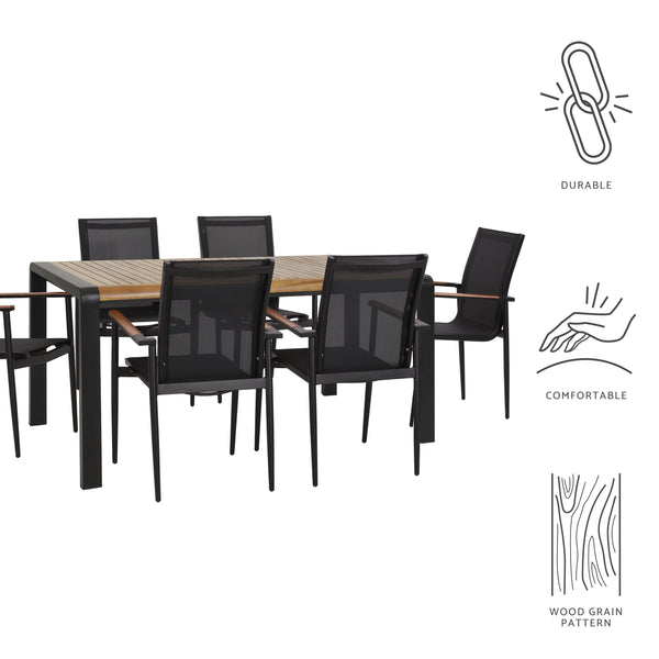 Gdf Studio Naop Outdoor Mesh And Acacia Wood 7 Piece Dining Set Black And Teak