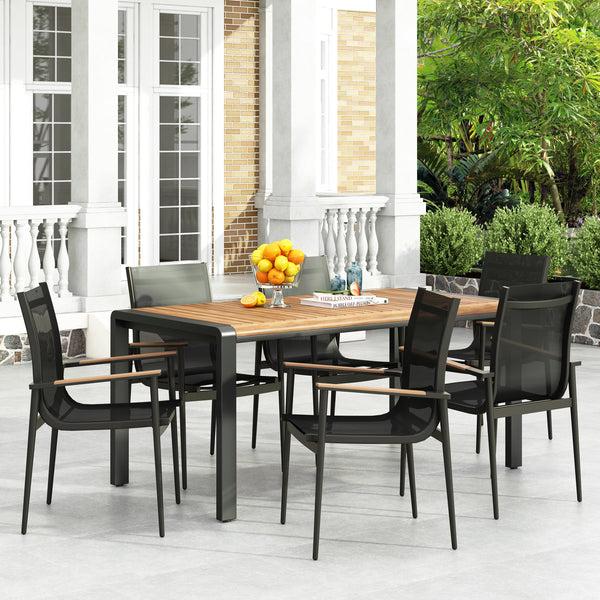 Gdf Studio Naop Outdoor Mesh And Acacia Wood 7 Piece Dining Set Black And Teak