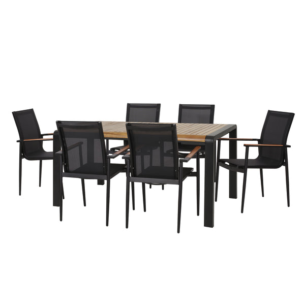 gdf studio Naop Outdoor Mesh and Acacia Wood 7 Piece Dining Set Black and Teak