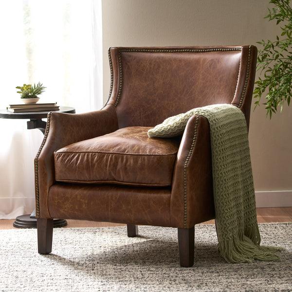 Gdf Studio Napier Brown Top Grain Leather Upholstered Club Chair With Nailhead Trim