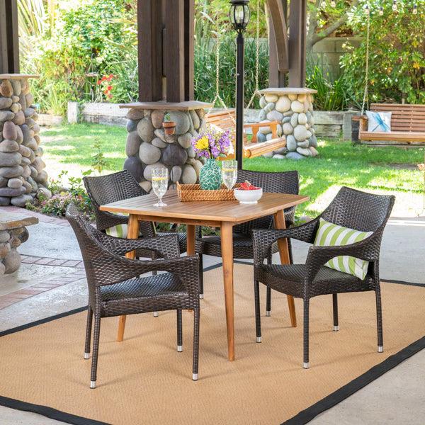 gdf studio Nash Outdoor 5 Piece Wood and Wicker Dining Set Teak and Multi Brown