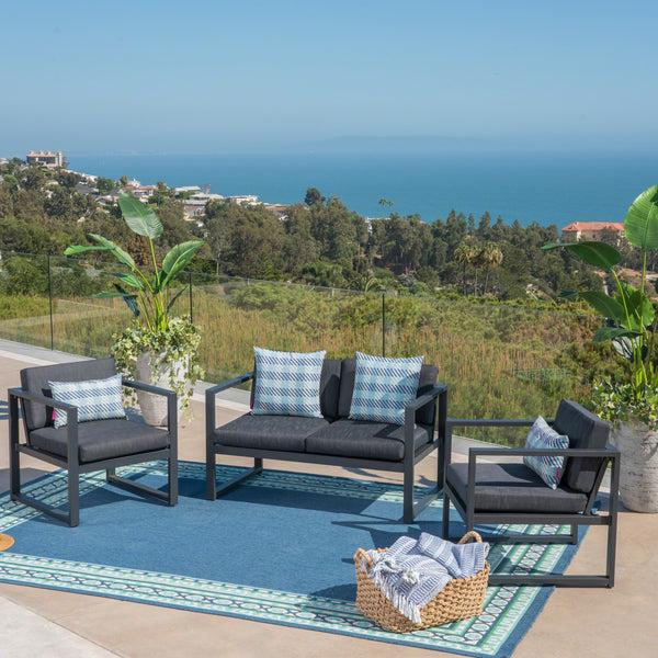 Gdf Studio Navan Outdoor 4 Seater Aluminum Chat Set Silver With Dark Grey Cushions