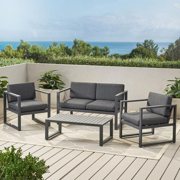 Gdf Studio Nealie Modern Outdoor 4-Piece Dark Gray Aluminum Chat Set With Cushions