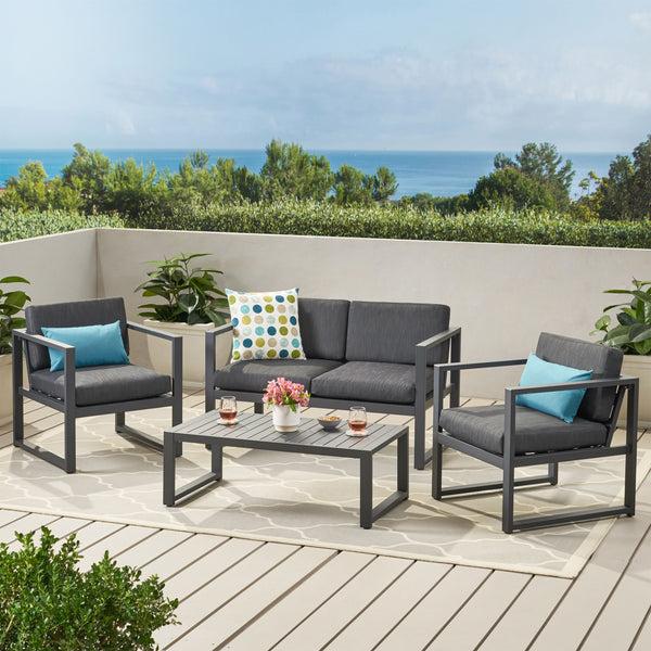 Gdf Studio Nealie Modern Outdoor 4-Piece Dark Gray Aluminum Chat Set With Cushions