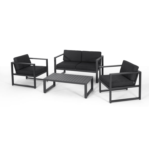 gdf studio Nealie Modern Outdoor 4-Piece Dark Gray Aluminum Chat Set with Cushions