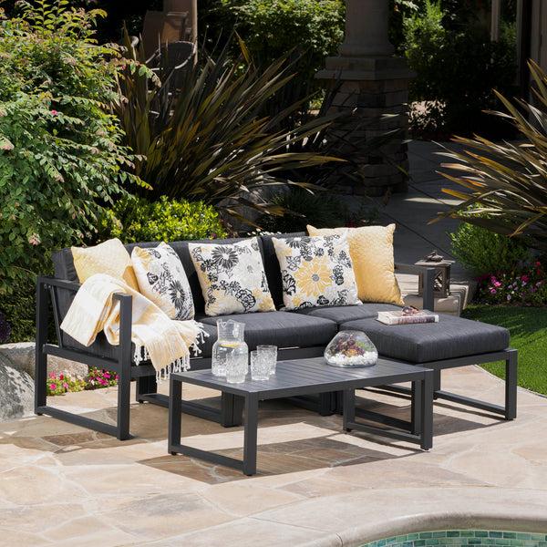 Gdf Studio Nealie Modern Outdoor Dark Gray Aluminum Sectional Sofa Set With Black Cushions