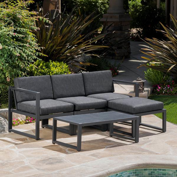 Gdf Studio Nealie Modern Outdoor Dark Gray Aluminum Sectional Sofa Set With Black Cushions