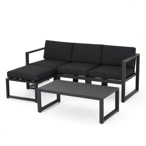 gdf studio Nealie Modern Outdoor Dark Gray Aluminum Sectional Sofa Set with Black Cushions