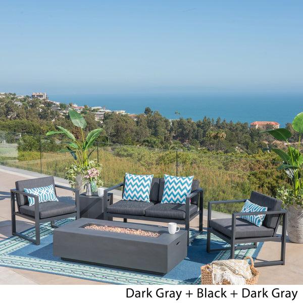 Gdf Studio Nealie Outdoor 4-Seater Aluminum Chat Set With Fire Pit And Tank Holder