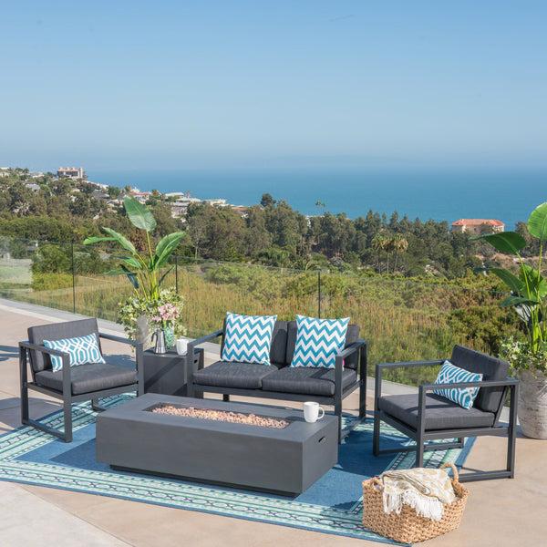 Gdf Studio Nealie Outdoor 4-Seater Aluminum Chat Set With Fire Pit And Tank Holder