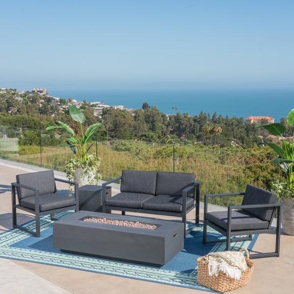 Gdf Studio Nealie Outdoor 4-Seater Aluminum Chat Set With Fire Pit And Tank Holder