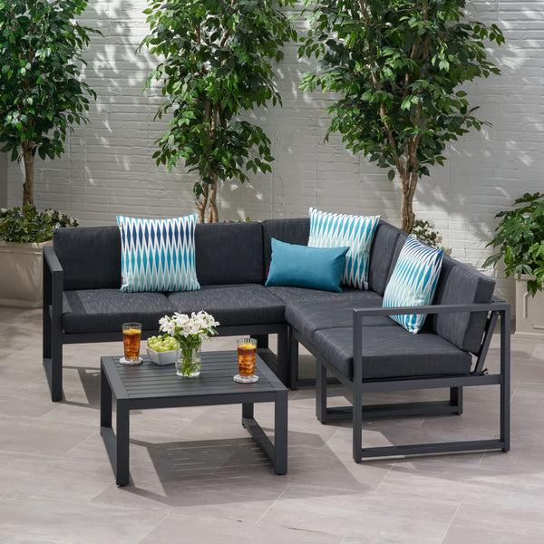 Gdf Studio Nealie Outdoor Water Resistant Cushions 6 PC Sofa Set W/ Stone Finished Tempered Glass Coffee Table