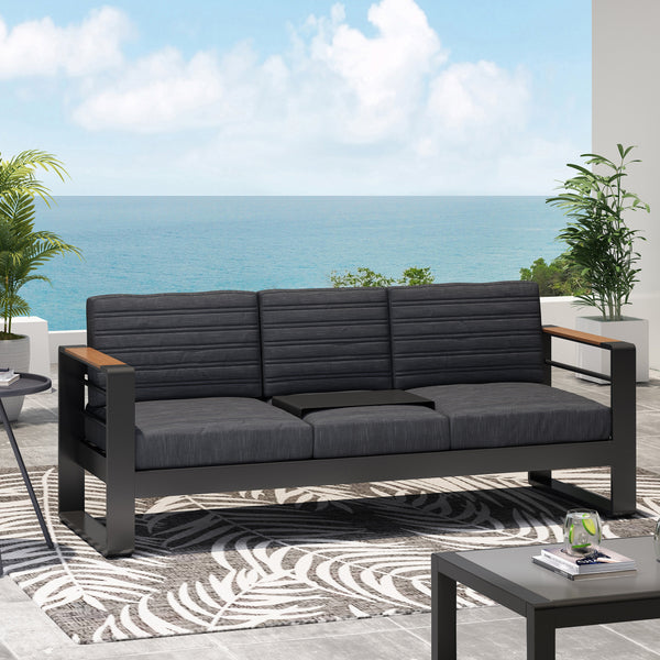 Gdf Studio Neffs Outdoor Aluminum 3 Seater Sofa With Water Resistant Cushions Black Natural And Dark Gray